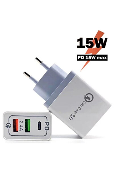 Lamtech 2xUSB-A + 1xUSB Tip-C 15W Alb