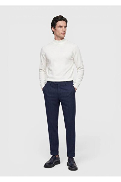 Ramsey Light Navy Blue Patterned Woven Regular Fit Casual Wool Blend Trousers