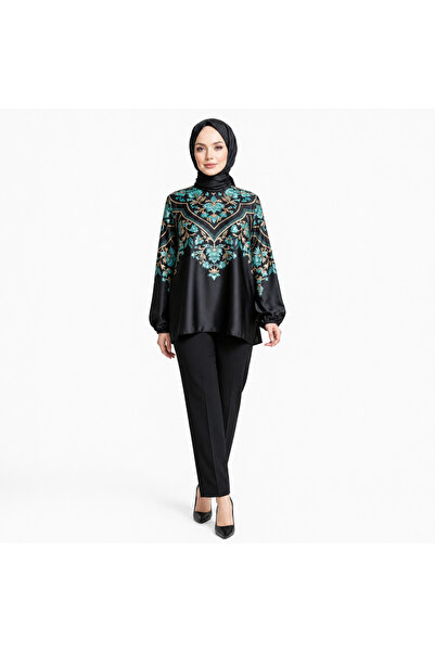 Muslima Wear بلوزة الياسمين ذات النمط الورقة الذهبية السوداء