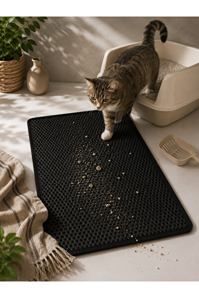 royalmoni Black Cat Toilet Mat with Screen in Front, Double Layer Sand Catche...