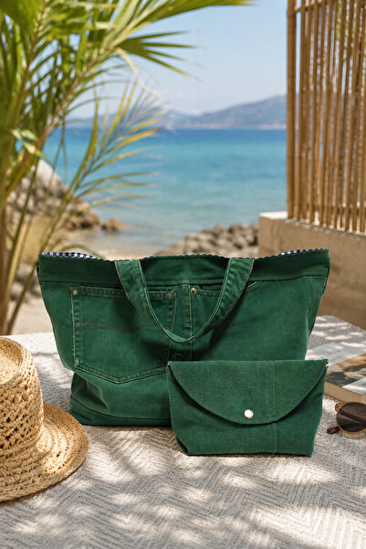 minart design Yeşil Denim Tasarım Kareli Astarlı Recycling Omuz Çantası (maky...