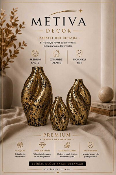 METİVA Dekoratif 3'lü Gold Vazo Seti Lüks Siyah Benekli (10-15-20 cm) - Salon...
