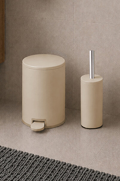Prima Nova Cigo 2'li Banyo Seti Çelik Çöp Kovası + Tuvalet Fırçası - Mat Bej