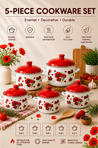 Arian Σετ 5 εμαγιέ κατσαρόλες με καπάκια, 2L–6.2L, με σχέδιο Αγριολούλουδα