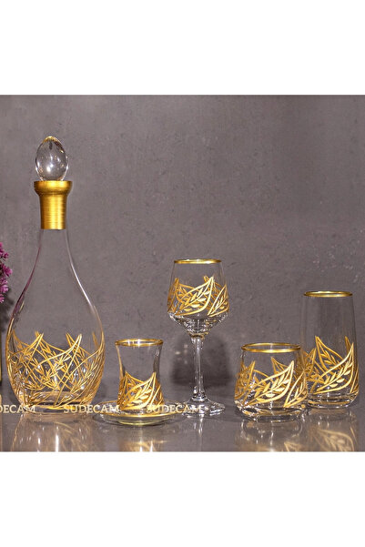 sudeka 61 Parça 12 Kişilik Yaprak Kristal Kesme Gold Cam Su Bardak Takımı,Meş...