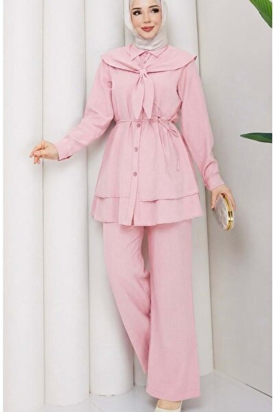 vishne 26Y2300 TAKIM TUNİK PANTOLON FULARLI ETEK UCU VOLANLI PEMBE