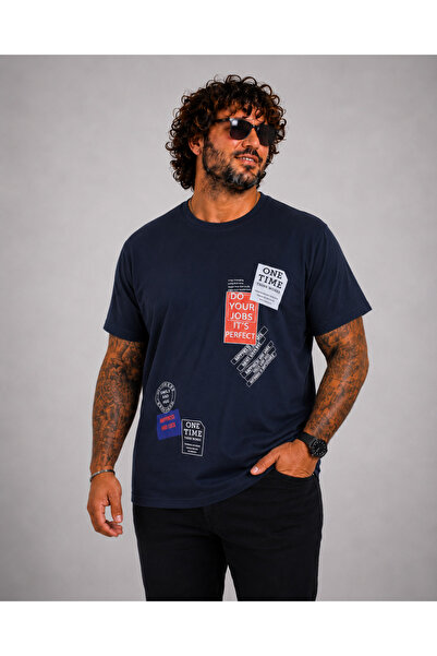 Starbattal Men's Large Size Crew Neck T-Shirt One Time 26156 Navy Blue