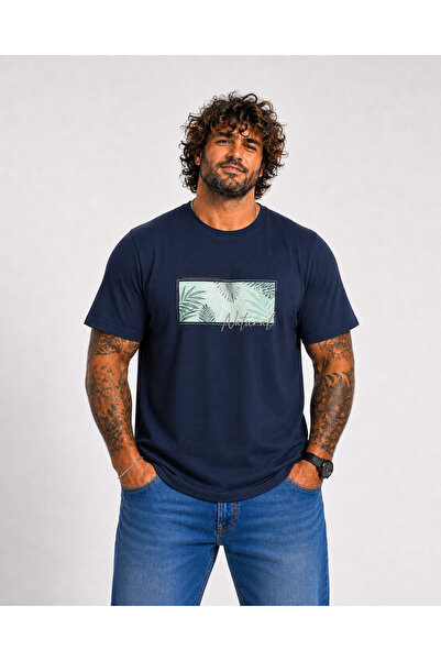 Starbattal Men's Large Size Crew Neck T-Shirt Natural 26134 Navy Blue