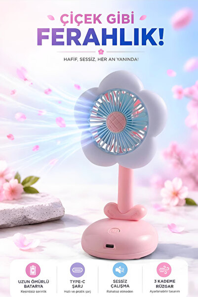 Kensa Işıklı Çiçek Tasarımlı Mini Fan Mavi 3 kademeli Masaüstü Vantilatör