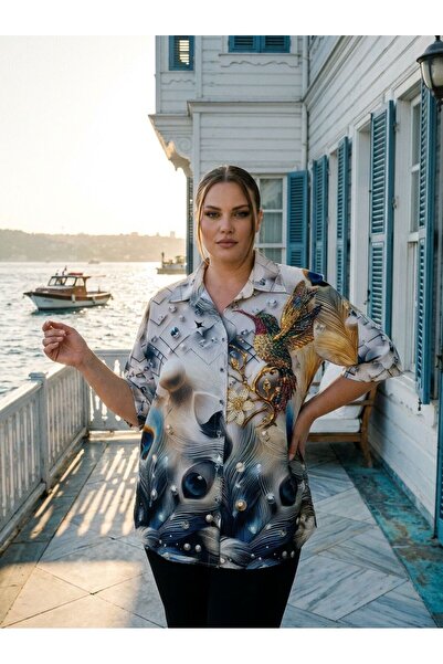 JERFİ Women's Plus Size Stone Printed Fabric Shirt