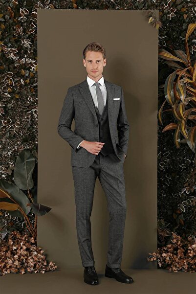 Efor Slim Fit Mono Yaka Yünlü Antrasit Yelekli Takım Elbise TK 880