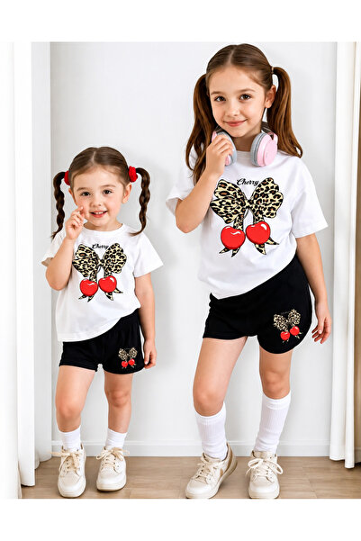 Kids YAZLIK Kurdeleli kiraz baskılı kız çocuk Şortlu ıkılı takım (Bir Beden B...