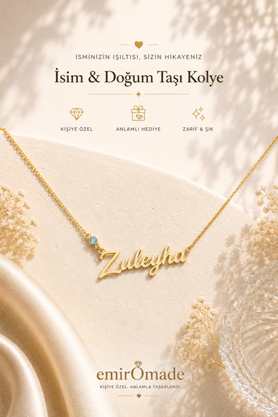 emirOmade 925 Ayar Gümüş Kişiye Özel Doğum Taşlı İsimli Kolye Gold Rengi 14 A...
