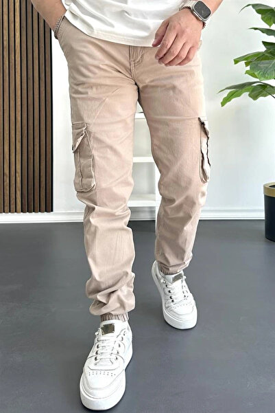 Edwox Men's Elastic Leg Cargo Pocket Trousers Light Brown Edw353