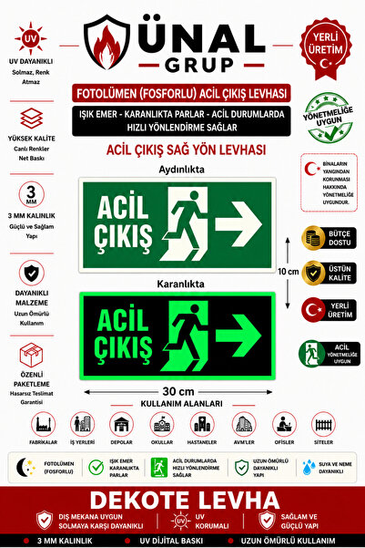 ünalgrup Fotolümen Fosforlu Acil Çıkış Sağ Yön Levhası 12x25 Cm