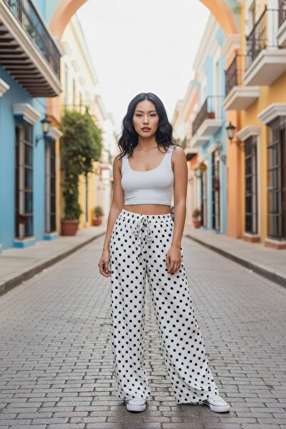 pulur.co White Polka Dot High Waist Elastic Waist Palazzo Wide Leg Sandy Trou...