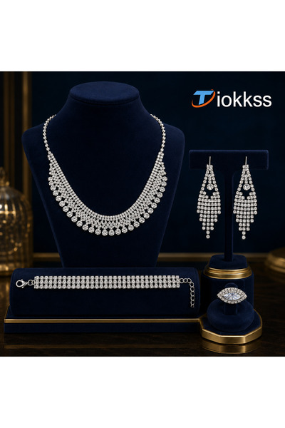 Tiokkss 5pcs Women's Rhinestone Jewelry Set, Silver Crystal-Look Necklace Ear...