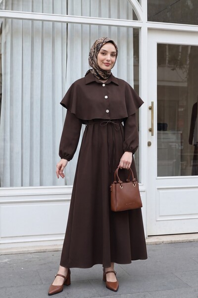 Modamorfo Collared Cape Detailed Belted Elastic Sleeves Crepe Dress -Brown