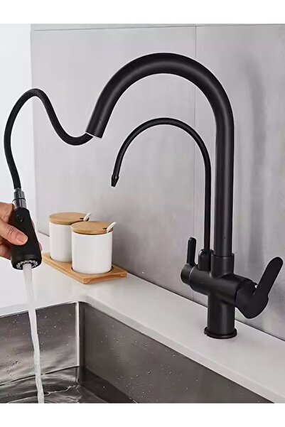 FAWER Faucet & Shower Siyah Arıtmalı 3 Yollu Fleko Spiralli Mutfak Eviye Bata...