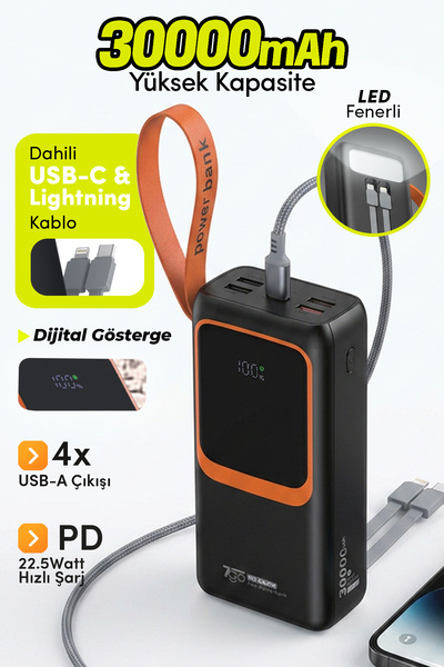 7GO GPW-08 30000mAh PD22.5W Hızlı Şarj Powerbank | 4 USB Çıkışlı, Dahili Type...
