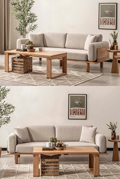 Msm Home & Living İskandinav Tarz Diva Kayın Ahşap Üçlü Koltuk