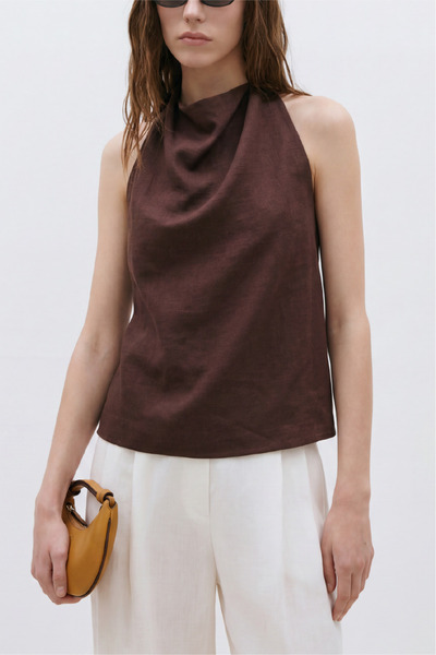 Suud Collection Koyu Kahve Gabriel Halter Yaka Keten Bluz