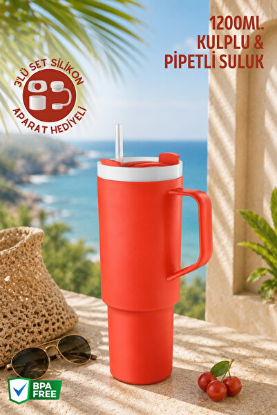 Nandy Home Büyük Boy, Kulplu ve Pipetli 1200Ml. Suluk & Matara - Silikon Apar...