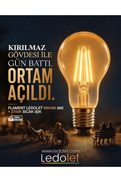 LEDOLET 4w 2700k Kırılmaz Flament Led Ampul A60 Gold