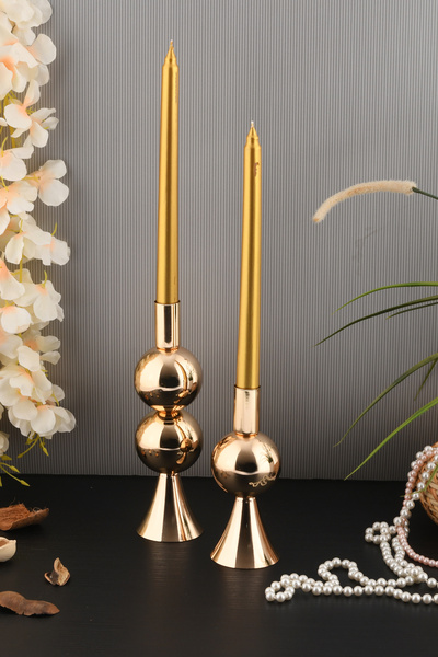 TR Turan Collection ELİT 2'li Şamdan Seti Orta-Küçük Gold Renk Dekoratif Meta...
