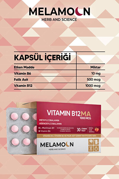 Melamoon B12, B6 Ve Folik Asit: , Kan Oluşumu Desteği 1000mcg 30'lu