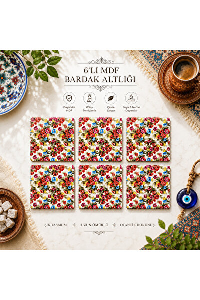 UPEKA 6'lı Vintage Şık Tasarım Mdf Ahşap Dekoratif Hediyelik Bardak Altlığı Çiçek