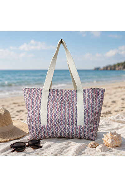 Franco Loren Dalga Desenli Canvas Bez Çanta Astarli Fermuarlı Cepli Tote Bag ...