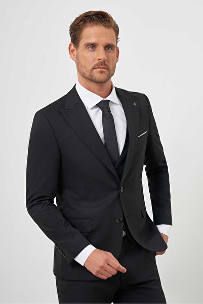 Morven Erkek Siyah Poliviskon Basic Yelekli Jakar Desen Slim Fit Sivri Yaka T...