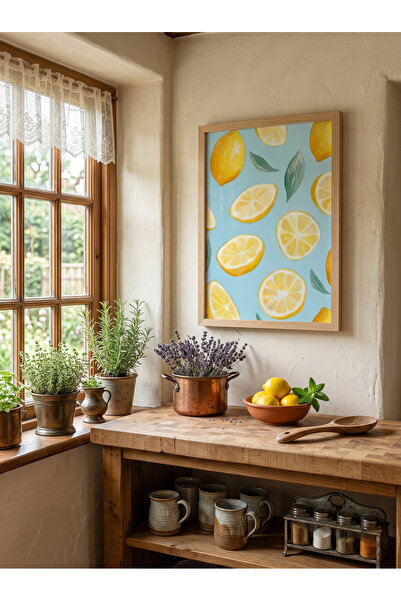 Creatick Design Masif Ahşap Çerçeveli Limon Temalı Tablo Mutfak Duvar Dekoras...