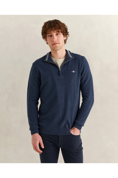 Gant Erkek Lacivert Regular Fit Yarım Fermuarlı Yün Kazak