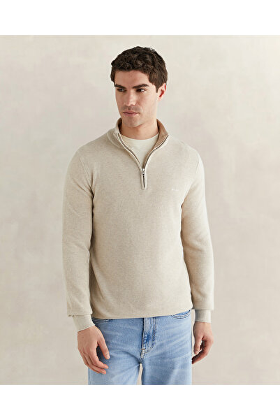 Gant Erkek Bej Regular Fit Yarım Fermuarlı Triko