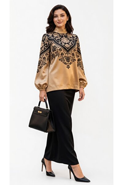 Muslima Wear Altın Siyah Yaprak Desenli Jasmine Bluz