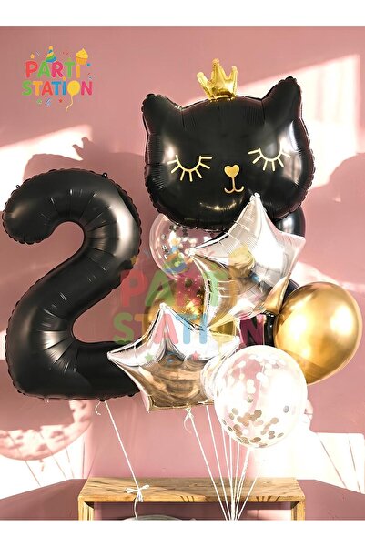 Parti Station Siyah Kedi Kara Kedi 2 Yaş Balon Set Yıldız Balon Folyo Set Siy...