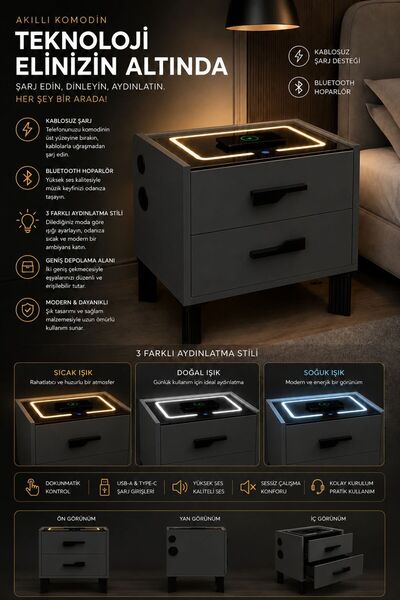 DECOBOX DİAMOND ANTRASİT LEDLİ ŞARJ ÜNİTELİ VE BLUETOOTH HOPARLÖRLÜ KOMODİN