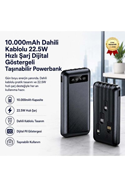 hızlı store Powerbank 10.000mAh Dahili Kablolu 22.5W Hızlı Şarj iPhone Androi...
