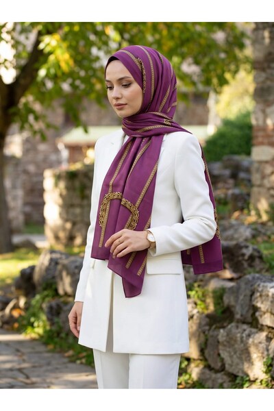 Vissona KREP ZİNCİR DESENLİ MÜRDÜM RENKLİ 75X195 KIRIŞMAZ ŞAL