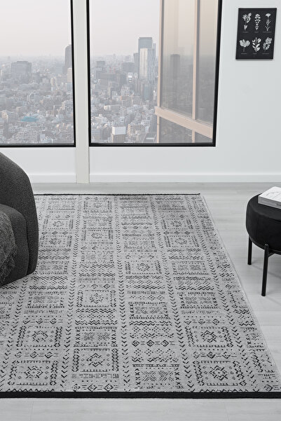 VİTALİHOME Gaia Gri Halı Yıkanabilir Kaymaz Taban Şönil Kilim Dokuma Pamuk Ta...