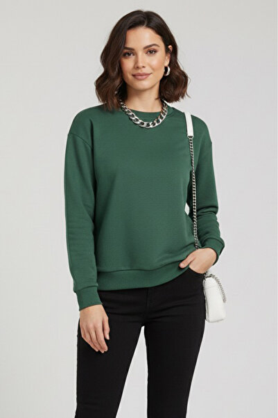 TOFİSA Kadın Bisiklet Yaka Oversize Sweatshirt - 27955-ZUMRUT