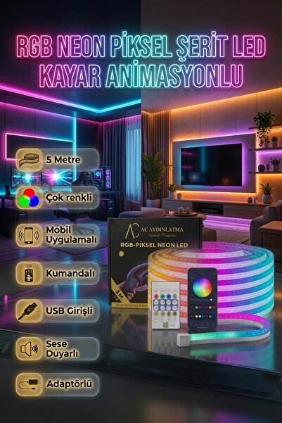AC AYDINLATMA USB Neon RGB Piksel Şerit Led - Kayar Animasyonlu - Sese Duyarl...