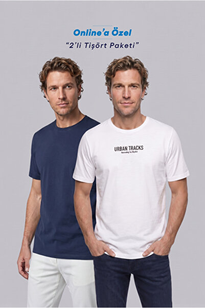 Kiğılı Crew Neck Regular Fit 100% Cotton Printed - Plain 2-Pack T-Shirt Set