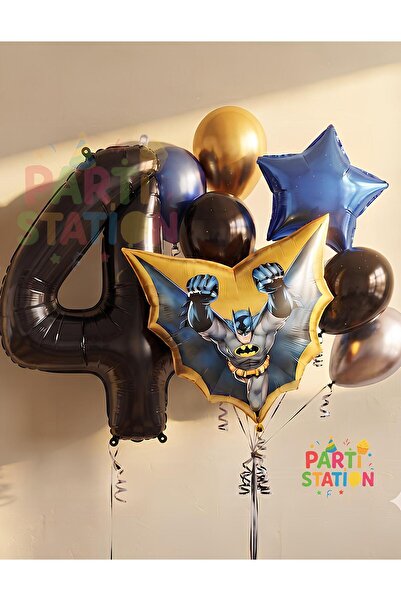 Parti Station Batman 4 Yaş Rakam Yıldız Balon Set Yarasa Adam Batman Doğum Gü...