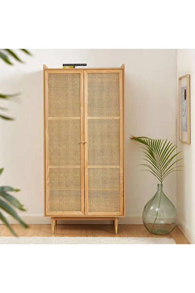 WoodenDecoration01 Bombong İki Kapaklı Doğal Rattan ve Masif Ahşap Dolap