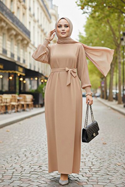 Neva Style Kolları Pileli Bej Tesettür Elbise 10124BEJ