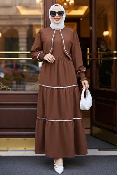 N.S NEVA STYLE فستان بوليرو بتفاصيل بوليرو باللون البني للحجاب 20325KH