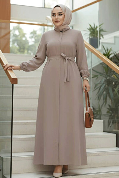 N.S NEVA STYLE Kemerli Bej Tesettür Ferace 26391BEJ